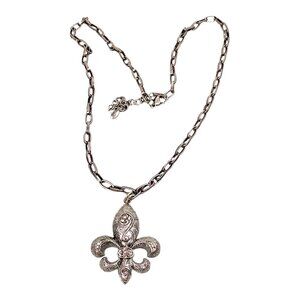 Fleur de Lis Pendant Necklace 28" Silver Plated Chunky Chain Rhinestone Hip Hop